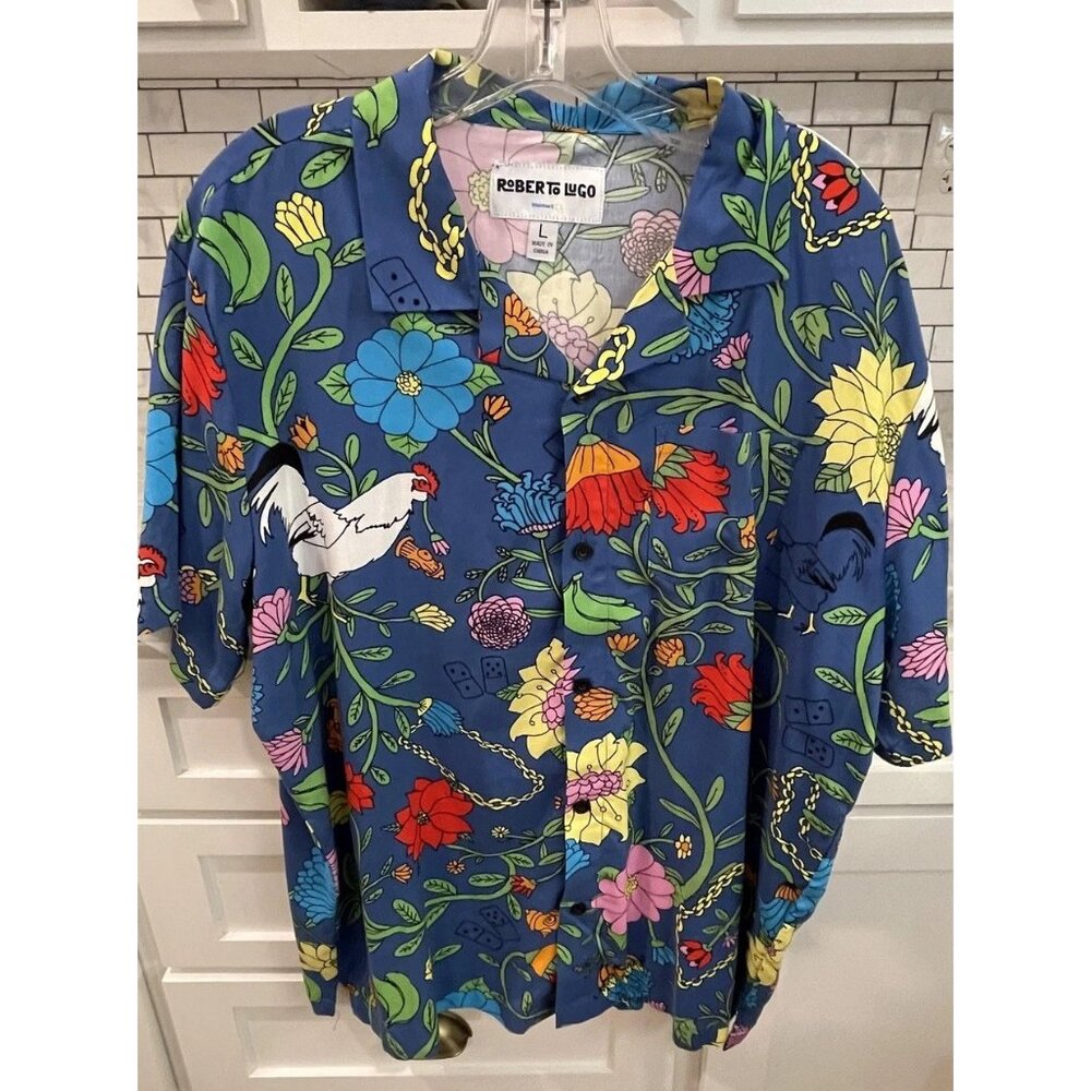 Roberto Lugo Shirt‎ Mens Large Blue Floral Rooster Domino Print Rayon Chickens